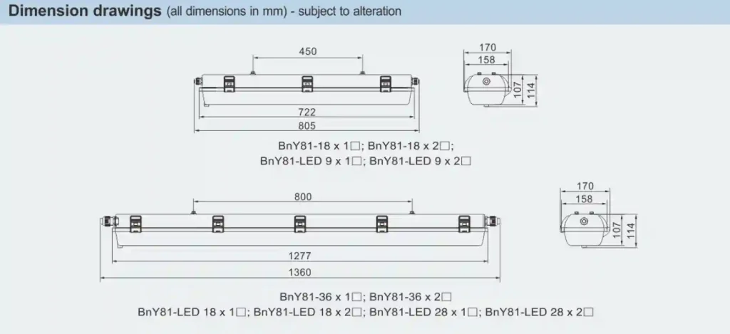 BnY81 سلسلة إضاءة فلوية مضاءة بالفلوريسنت المقاومة للانفجار ، أنبوب فلورسنت T8 36W